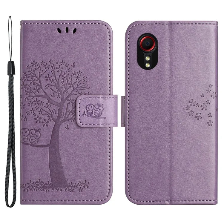 For Samsung Galaxy Xcover 7 Cell Phone Case Owl Tree Imprinted Leather Folding Stand Cover