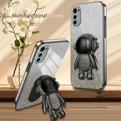 For Motorola Moto E32 4G Case Electroplating Phone Cover with Astronaut Kickstand