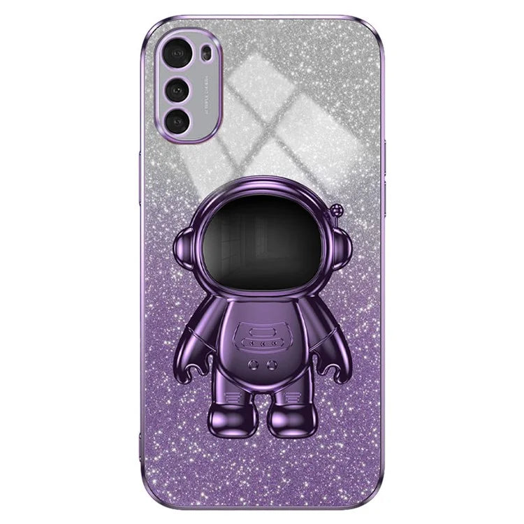 For Motorola Moto E32 4G Case Electroplating Phone Cover with Astronaut Kickstand