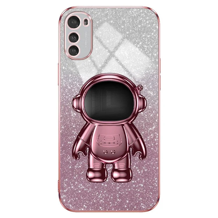 For Motorola Moto E32 4G Case Electroplating Phone Cover with Astronaut Kickstand
