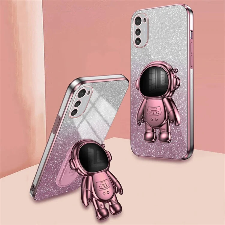 For Motorola Moto E32 4G Case Electroplating Phone Cover with Astronaut Kickstand