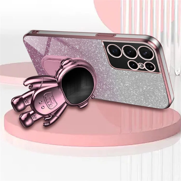 For Samsung Galaxy S21 Ultra 5G Case PC+TPU Anti-scratch Phone Cover with Astronaut Kickstand