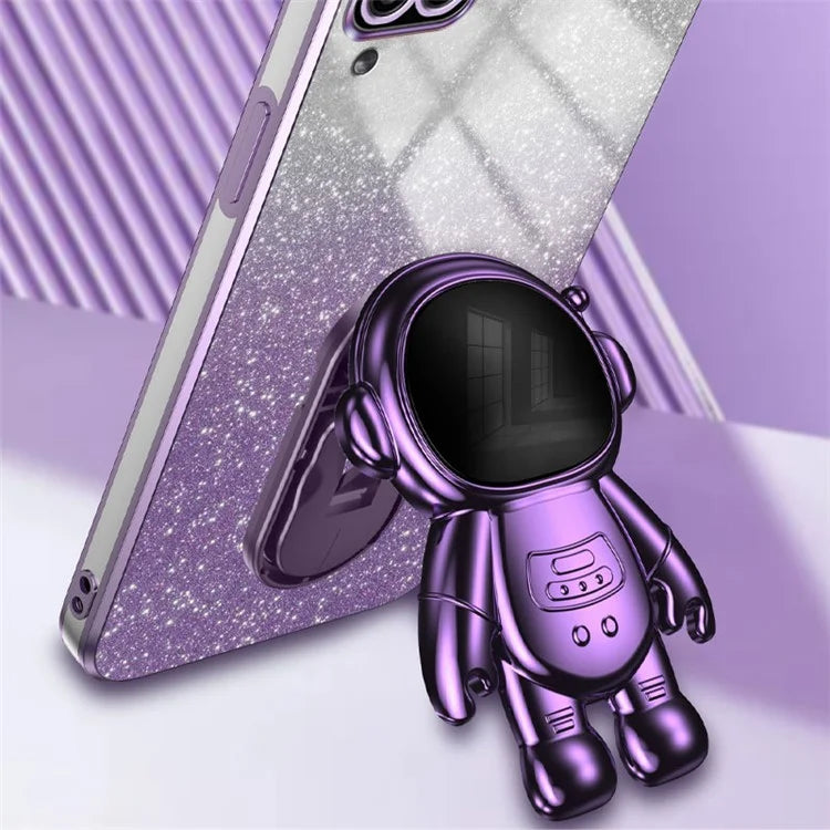 For Samsung Galaxy A12 Case Glitter Powder Astronaut Kickstand PC+TPU Phone Protective Cover