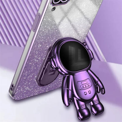 For Samsung Galaxy A12 Case Glitter Powder Astronaut Kickstand PC+TPU Phone Protective Cover