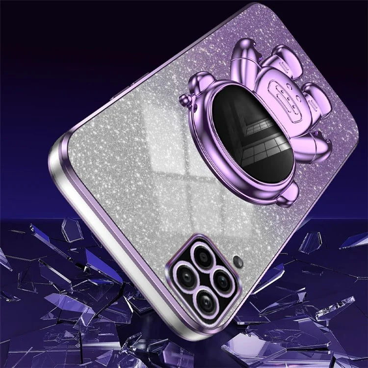 For Samsung Galaxy A12 Case Glitter Powder Astronaut Kickstand PC+TPU Phone Protective Cover