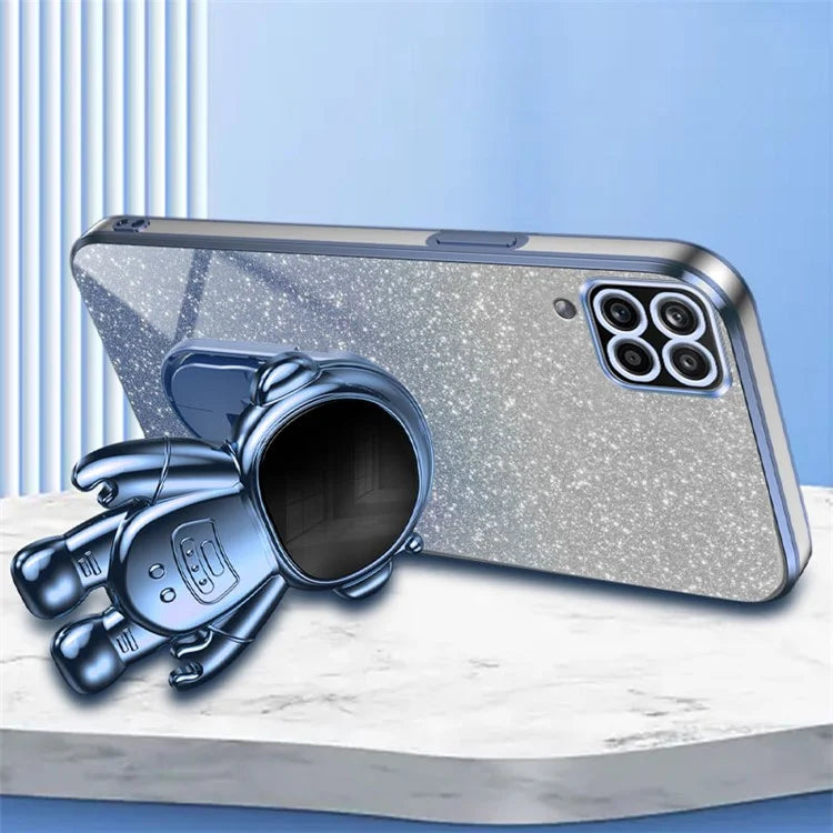 For Samsung Galaxy A12 Case Glitter Powder Astronaut Kickstand PC+TPU Phone Protective Cover