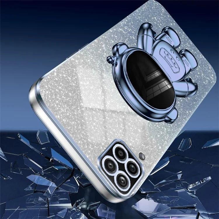 For Samsung Galaxy A12 Case Glitter Powder Astronaut Kickstand PC+TPU Phone Protective Cover