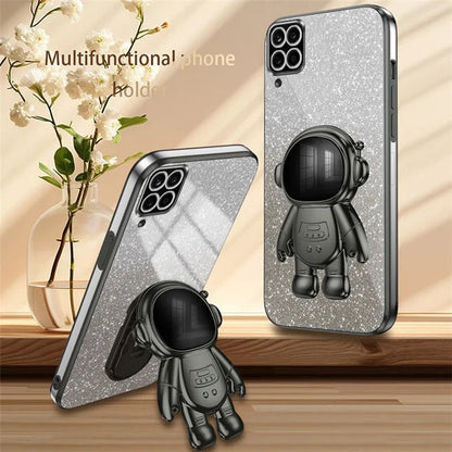 For Samsung Galaxy A12 Case Glitter Powder Astronaut Kickstand PC+TPU Phone Protective Cover
