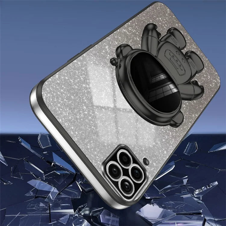 For Samsung Galaxy A12 Case Glitter Powder Astronaut Kickstand PC+TPU Phone Protective Cover