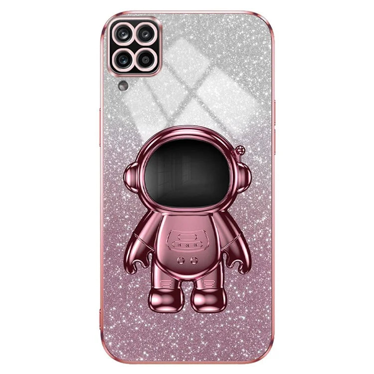 For Samsung Galaxy A12 Case Glitter Powder Astronaut Kickstand PC+TPU Phone Protective Cover