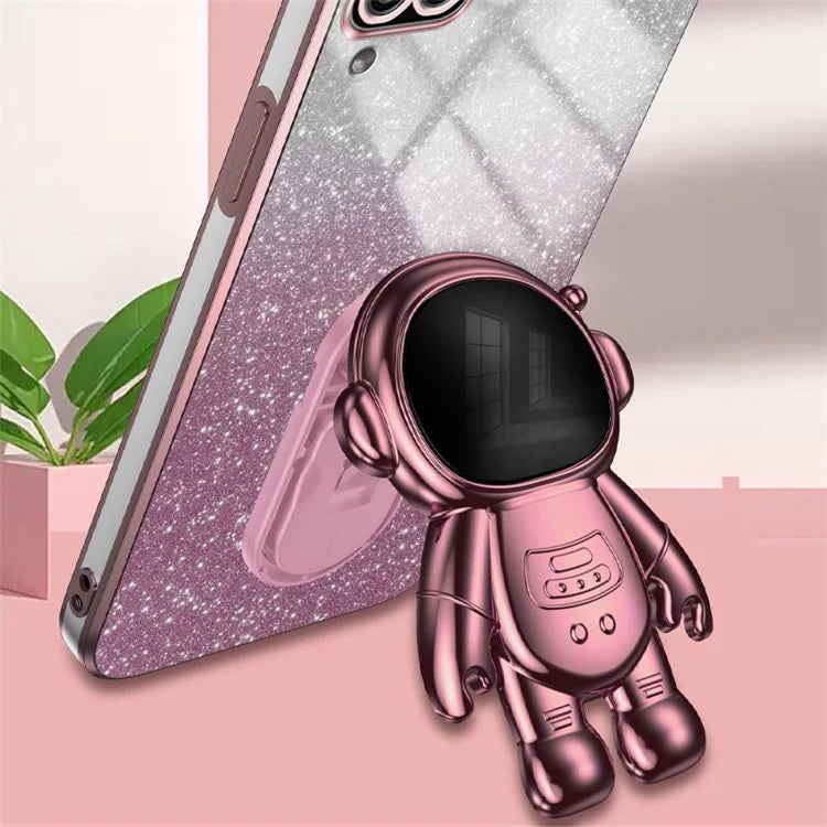 For Samsung Galaxy A12 Case Glitter Powder Astronaut Kickstand PC+TPU Phone Protective Cover