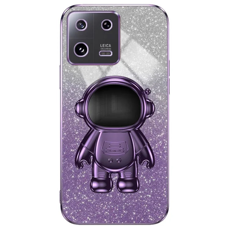 For Xiaomi 13 Cover Glitter PC+TPU Electroplated Phone Case with Cute Astronaut Kickstand