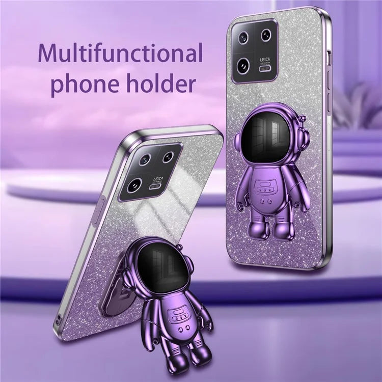 For Xiaomi 13 Cover Glitter PC+TPU Electroplated Phone Case with Cute Astronaut Kickstand