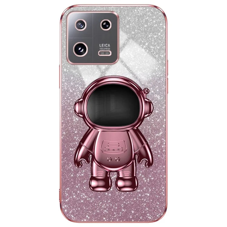 For Xiaomi 13 Cover Glitter PC+TPU Electroplated Phone Case with Cute Astronaut Kickstand