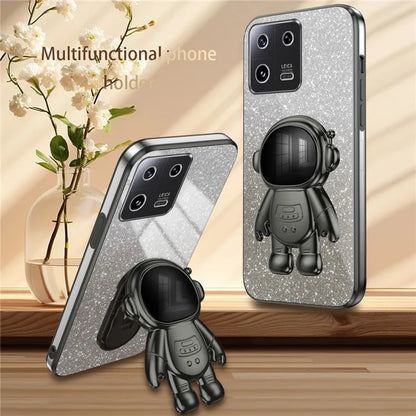 For Xiaomi 13 Cover Glitter PC+TPU Electroplated Phone Case with Cute Astronaut Kickstand