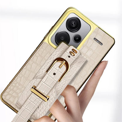 For Xiaomi Redmi Note 13 Pro+ 5G Cell Phone Case Electroplated Leather+TPU Wristband Kickstand Cover