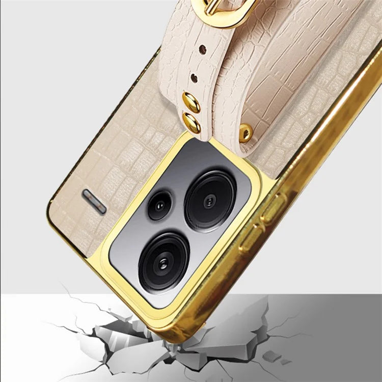 For Xiaomi Redmi Note 13 Pro+ 5G Cell Phone Case Electroplated Leather+TPU Wristband Kickstand Cover
