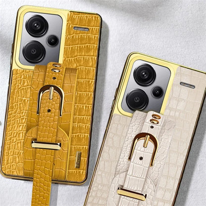 For Xiaomi Redmi Note 13 Pro+ 5G Cell Phone Case Electroplated Leather+TPU Wristband Kickstand Cover