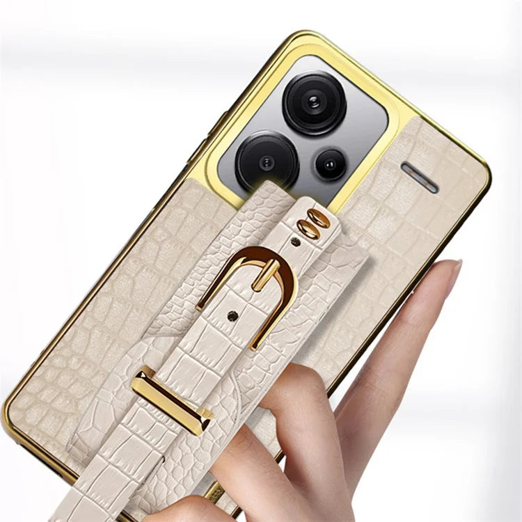 For Xiaomi Redmi Note 13 Pro+ 5G Cell Phone Case Electroplated Leather+TPU Wristband Kickstand Cover