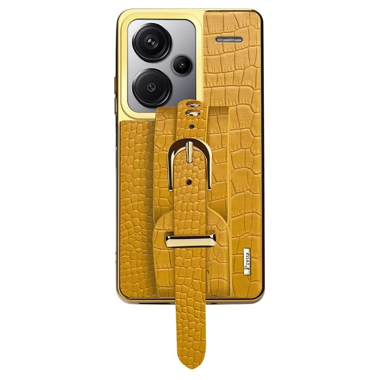 For Xiaomi Redmi Note 13 Pro+ 5G Cell Phone Case Electroplated Leather+TPU Wristband Kickstand Cover