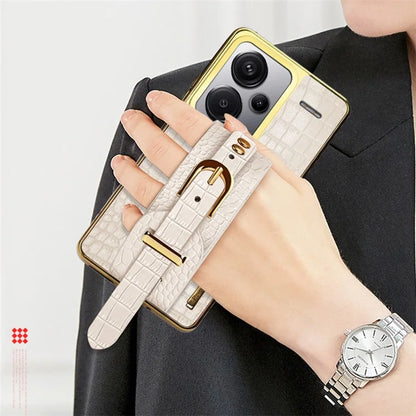 For Xiaomi Redmi Note 13 Pro+ 5G Cell Phone Case Electroplated Leather+TPU Wristband Kickstand Cover