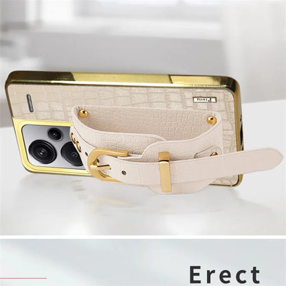 For Xiaomi Redmi Note 13 Pro+ 5G Cell Phone Case Electroplated Leather+TPU Wristband Kickstand Cover