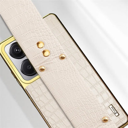For Xiaomi Redmi Note 13 Pro+ 5G Cell Phone Case Electroplated Leather+TPU Wristband Kickstand Cover