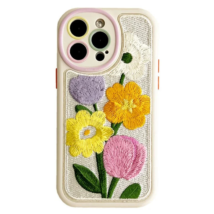 For iPhone 15 Pro Max Phone Case Flower Pattern Embroidered Silicone Cover
