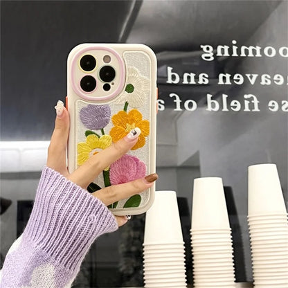For iPhone 15 Pro Max Phone Case Flower Pattern Embroidered Silicone Cover