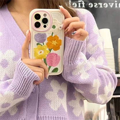 For iPhone 15 Pro Max Phone Case Flower Pattern Embroidered Silicone Cover
