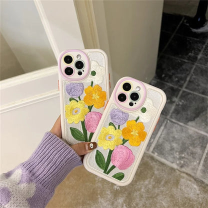For iPhone 15 Pro Max Phone Case Flower Pattern Embroidered Silicone Cover