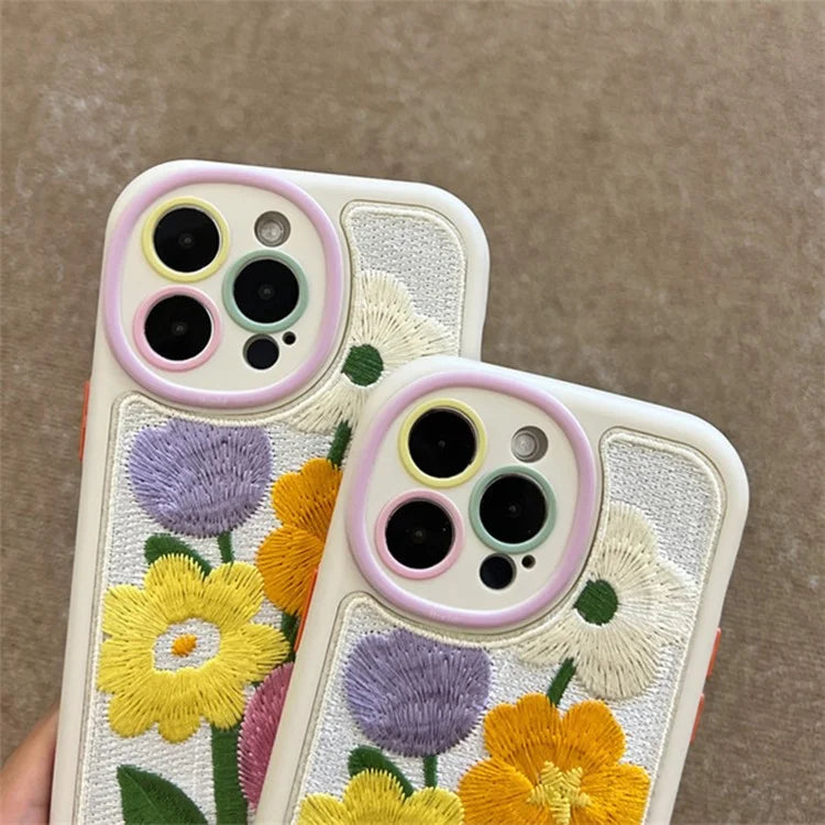 For iPhone 15 Pro Max Phone Case Flower Pattern Embroidered Silicone Cover