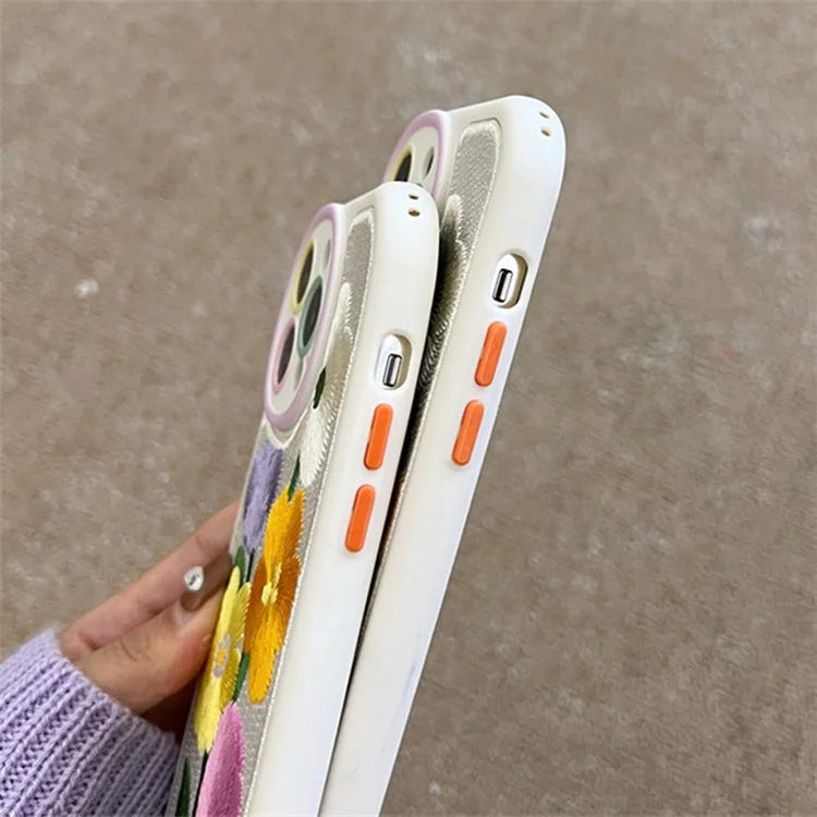For iPhone 15 Pro Max Phone Case Flower Pattern Embroidered Silicone Cover