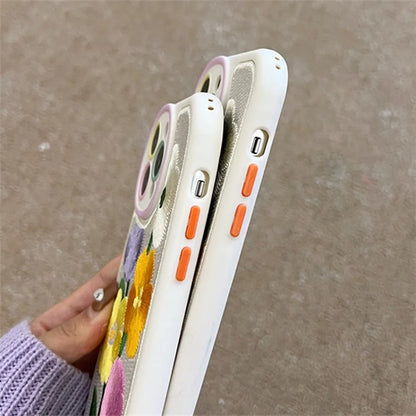 For iPhone 15 Pro Max Phone Case Flower Pattern Embroidered Silicone Cover