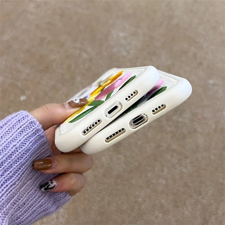 For iPhone 15 Pro Max Phone Case Flower Pattern Embroidered Silicone Cover