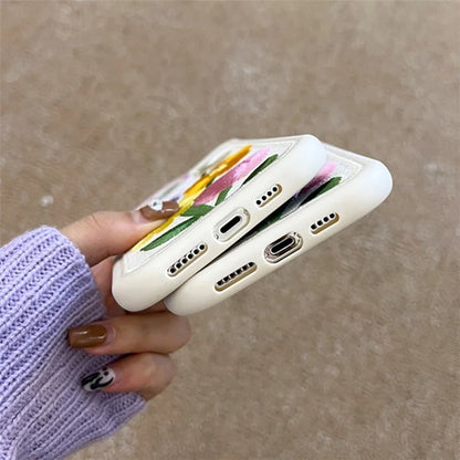 For iPhone 15 Pro Max Phone Case Flower Pattern Embroidered Silicone Cover