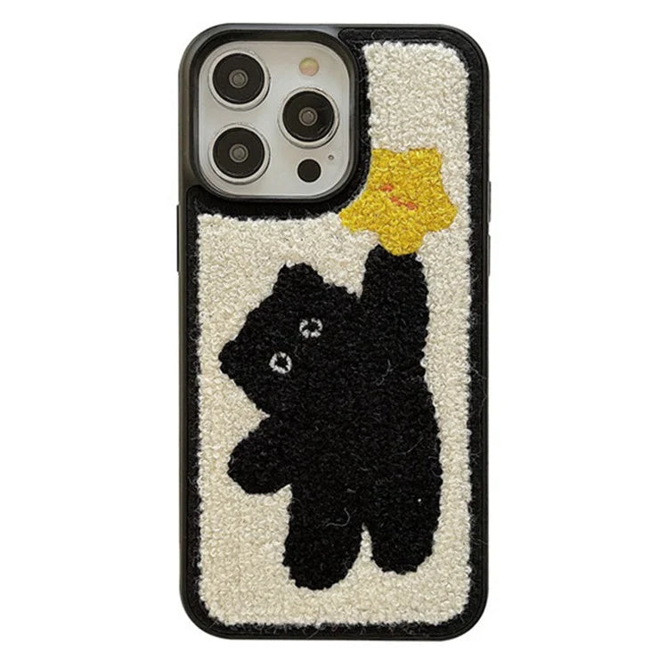 For iPhone 15 Pro Phone Case Embroidery Cat Star Pattern Plush TPU Back Cover