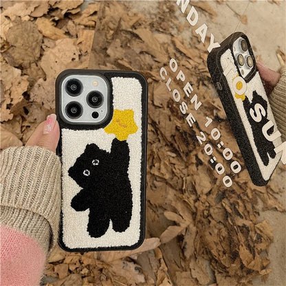For iPhone 15 Pro Phone Case Embroidery Cat Star Pattern Plush TPU Back Cover