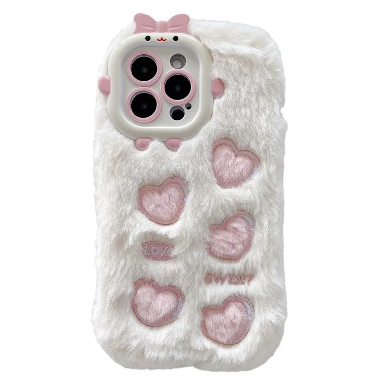 For iPhone 14 Pro Max Plush Embroidery Love Heart Cell Phone Case TPU Back Cover