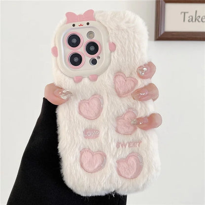 For iPhone 14 Pro Max Plush Embroidery Love Heart Cell Phone Case TPU Back Cover