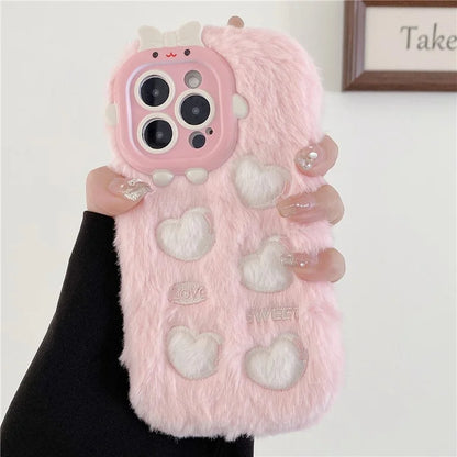 For iPhone 14 Pro Max Plush Embroidery Love Heart Cell Phone Case TPU Back Cover