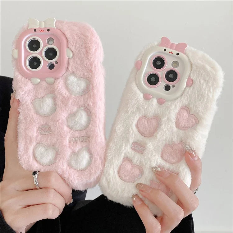 For iPhone 14 Pro Max Plush Embroidery Love Heart Cell Phone Case TPU Back Cover