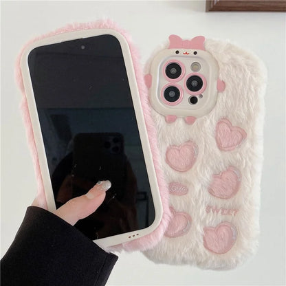 For iPhone 14 Pro Max Plush Embroidery Love Heart Cell Phone Case TPU Back Cover