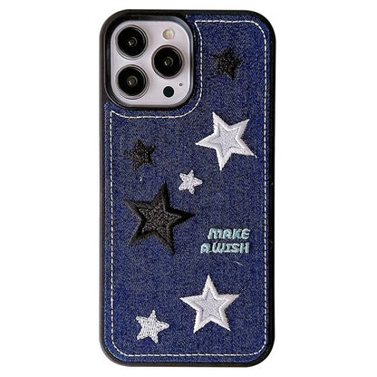 For iPhone 15 Pro Max Case Star Embroidered Denim Cloth+TPU Phone Cover