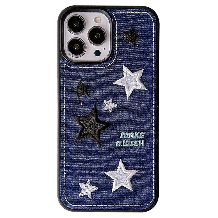 For iPhone 15 Pro Phone Case Denim Cloth+TPU Cover Embroidery Star Pattern