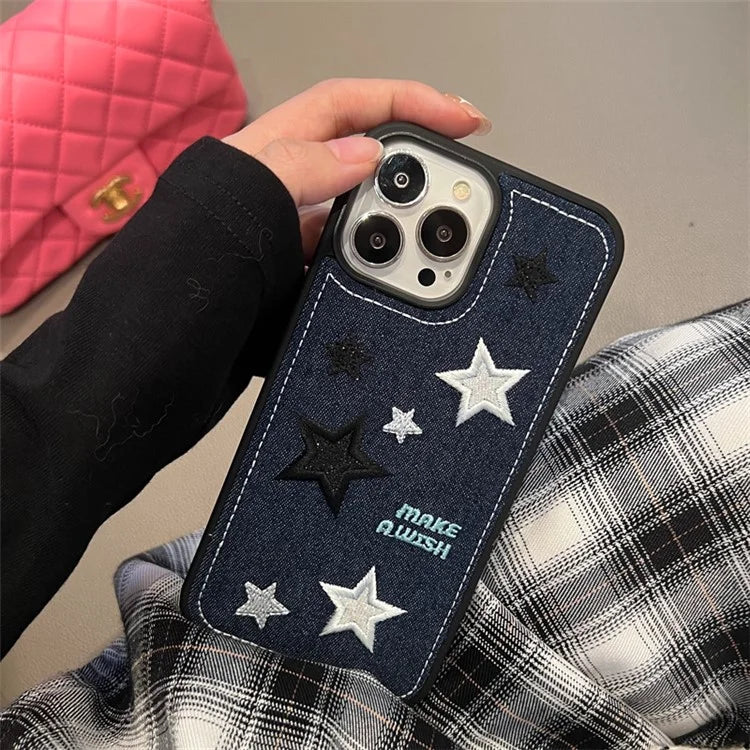 For iPhone 15 Pro Phone Case Denim Cloth+TPU Cover Embroidery Star Pattern
