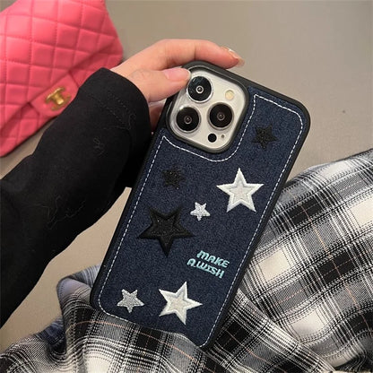 For iPhone 15 Pro Phone Case Denim Cloth+TPU Cover Embroidery Star Pattern