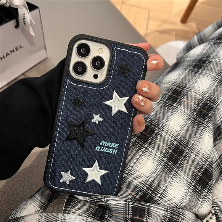 For iPhone 15 Pro Phone Case Denim Cloth+TPU Cover Embroidery Star Pattern