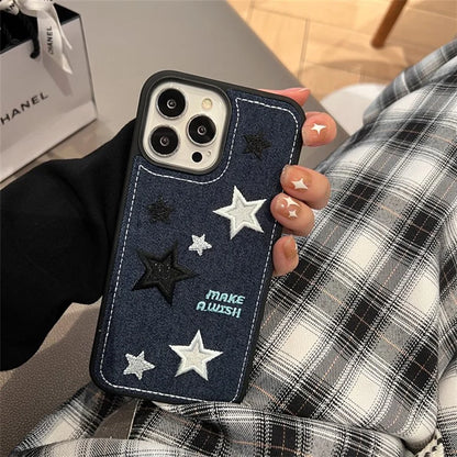 For iPhone 15 Pro Phone Case Denim Cloth+TPU Cover Embroidery Star Pattern
