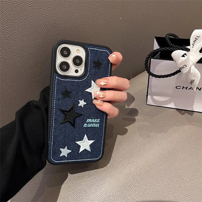 For iPhone 15 Pro Phone Case Denim Cloth+TPU Cover Embroidery Star Pattern